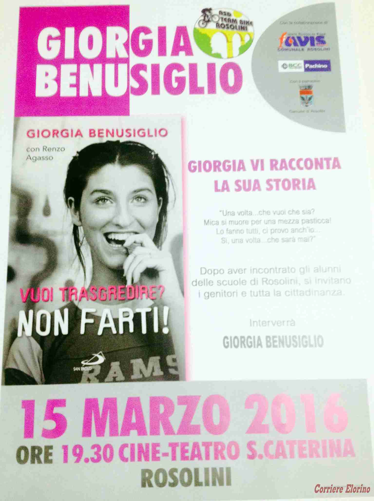 “Vuoi trasgredire? Non farti!”. Giorgia Benusiglio incontra gli alunni delle scuole di Rosolini “Vuoi trasgredire? Non farti!”. Giorgia Benusiglio incontra gli alunni delle scuole di Rosolini