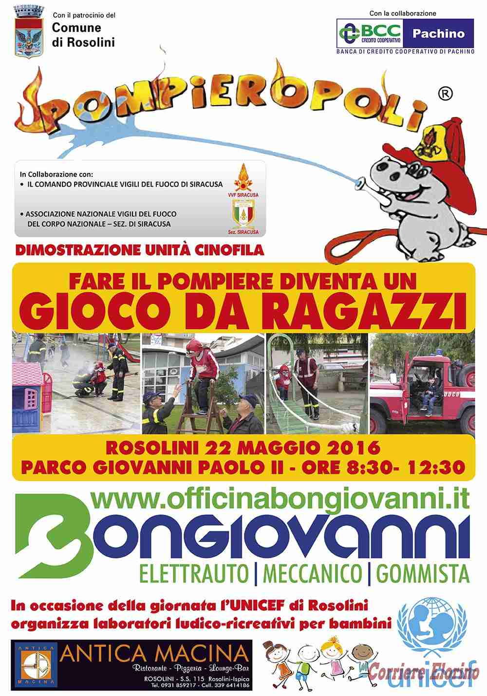 In occasione della “1ª Festa dei bambini”, il 22 maggio ritorna a Rosolini “Pompieropoli”