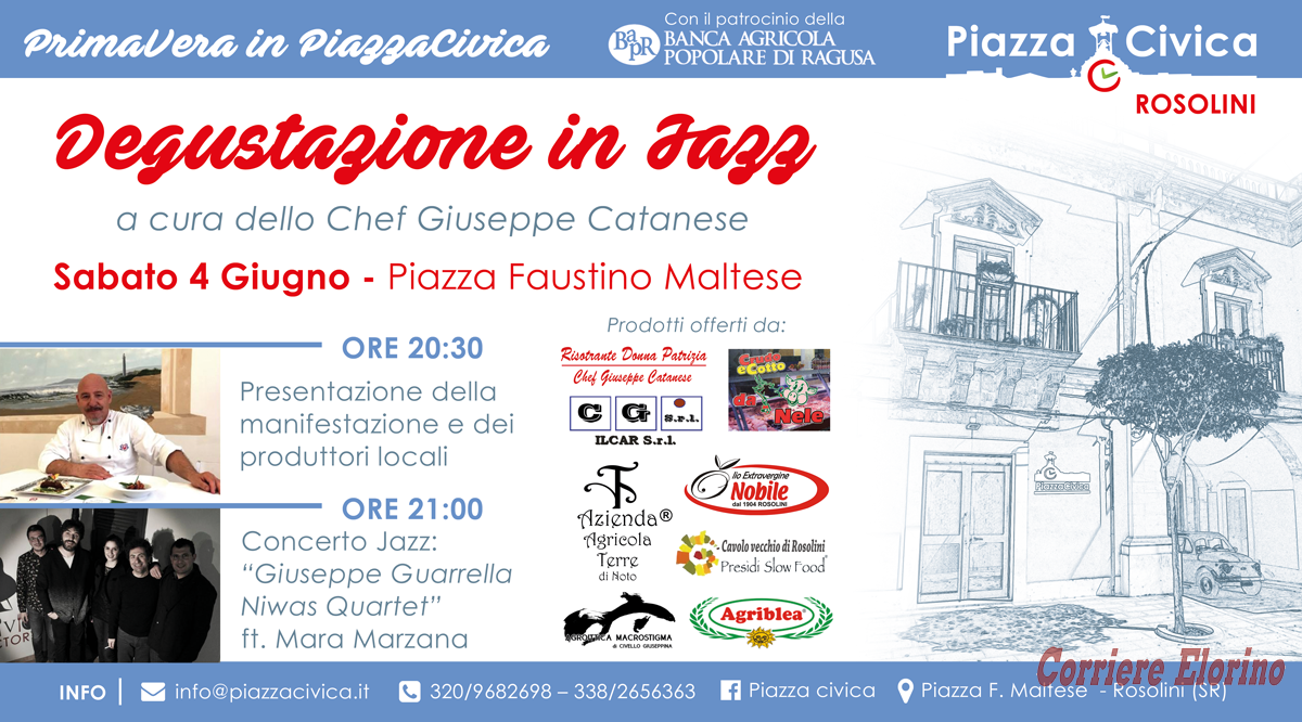 “Degustazione in Jazz”, sabato 4 giugno il secondo appuntamento con la “Primavera in Piazza Civica”