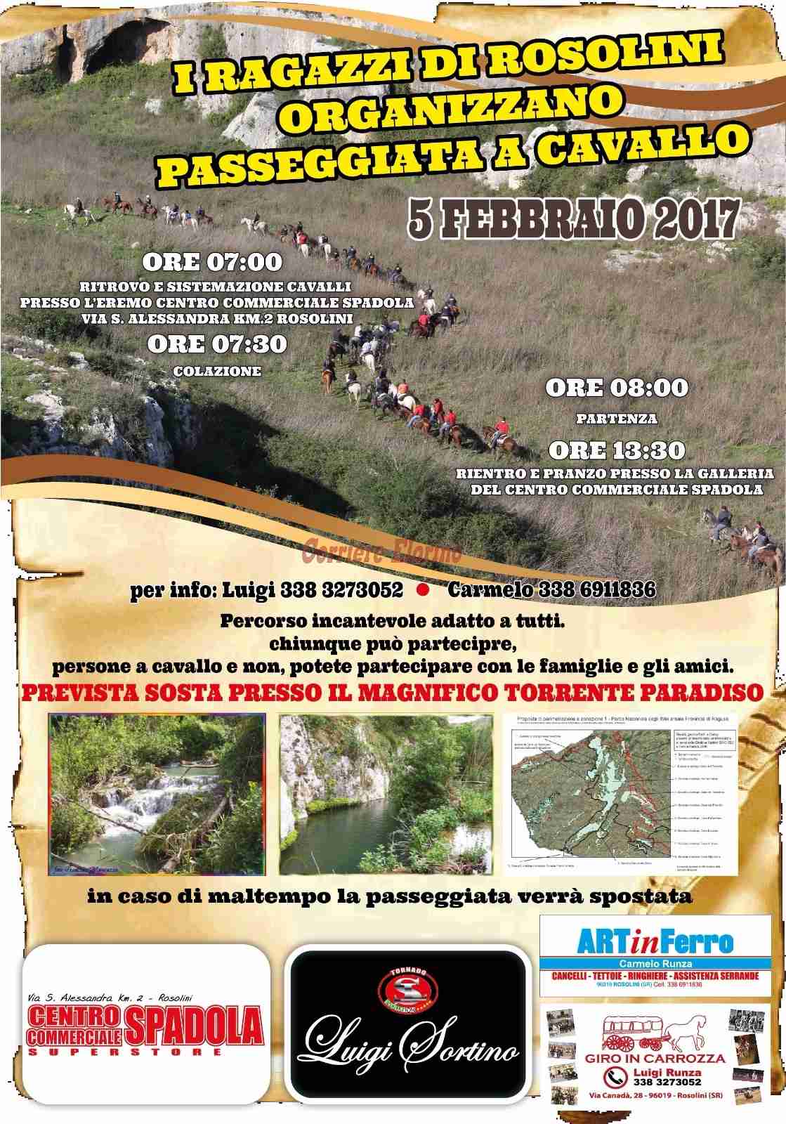 Domenica 5 febbraio la “Passeggiata a cavallo”, organizzata da “I Ragazzi di Rosolini”