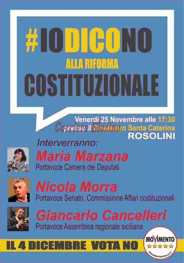 “Io dico No alla Riforma Costituzionale”, domani incontro dei “5 Stelle” al Cineteatro Santa Caterina di Rosolini