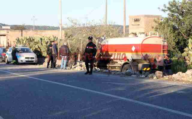 Entra un’ape dal finestrino, autocisterna finisce fuori strada