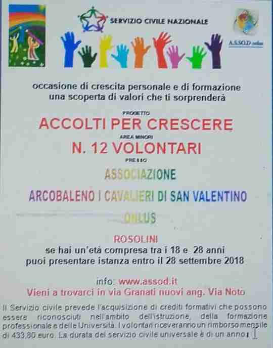 Servizio Civile, l’associazione “Arcobaleno” di Rosolini seleziona 12 giovani a 433 euro al mese