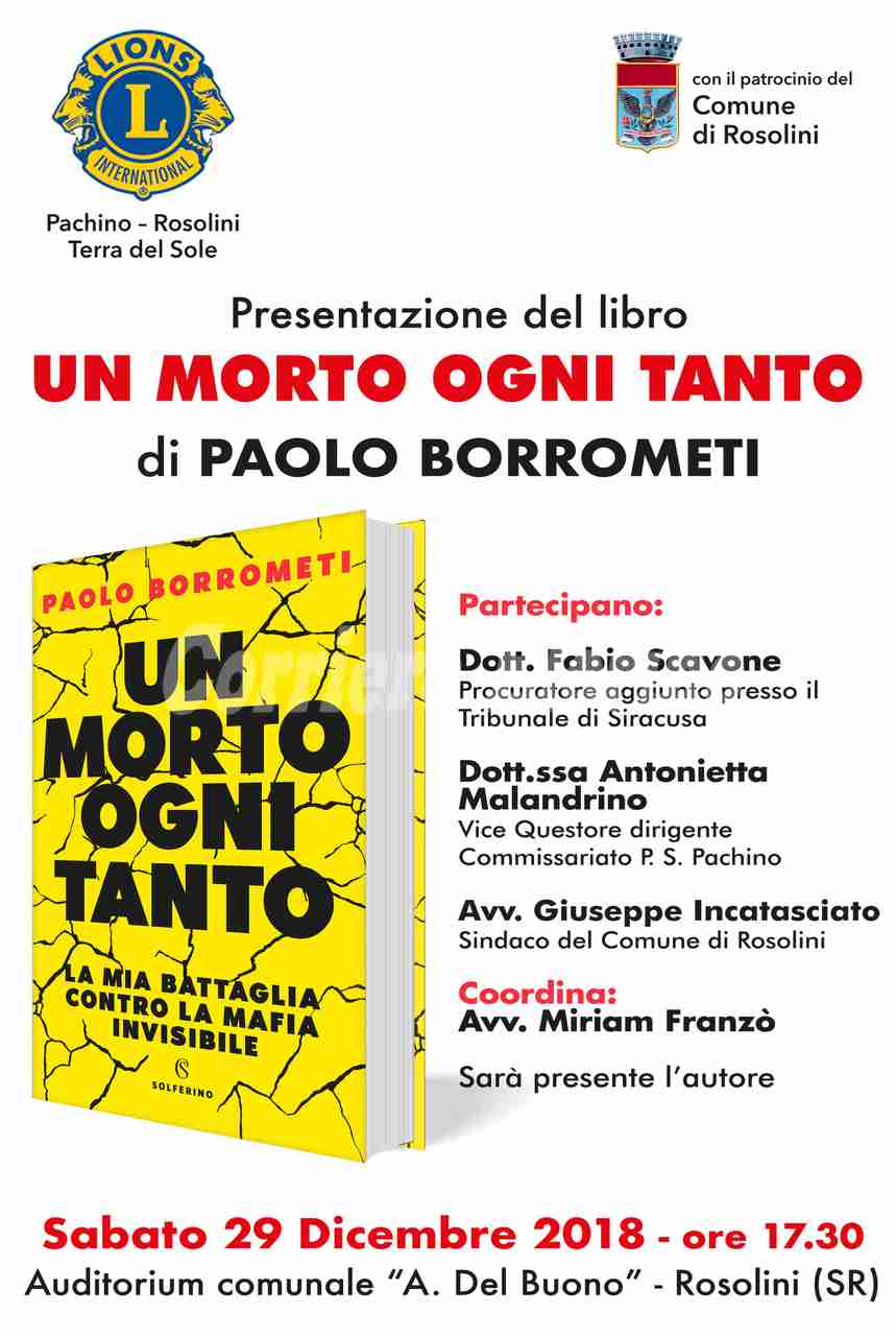 Sabato 29 dicembre Paolo Borrometi a Rosolini per presentare il libro “Un morto ogni tanto”