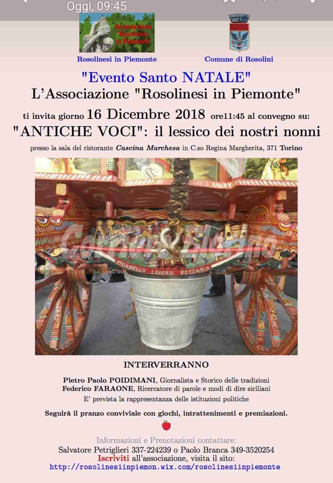 Associazione Rosolinesi in Piemonte. Il 16 dicembre convegno su “Antiche voci: il lessico dei nostri nonni”