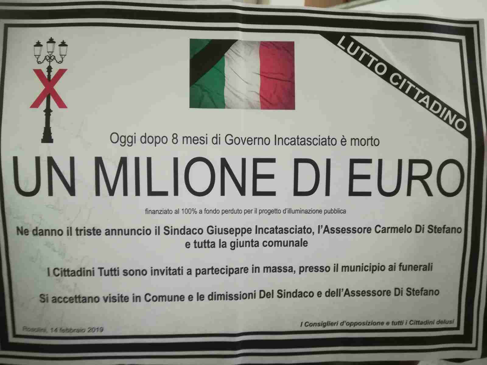 “E’ morto un milione di euro”, manifesto a lutto per la perdita del finanziamento
