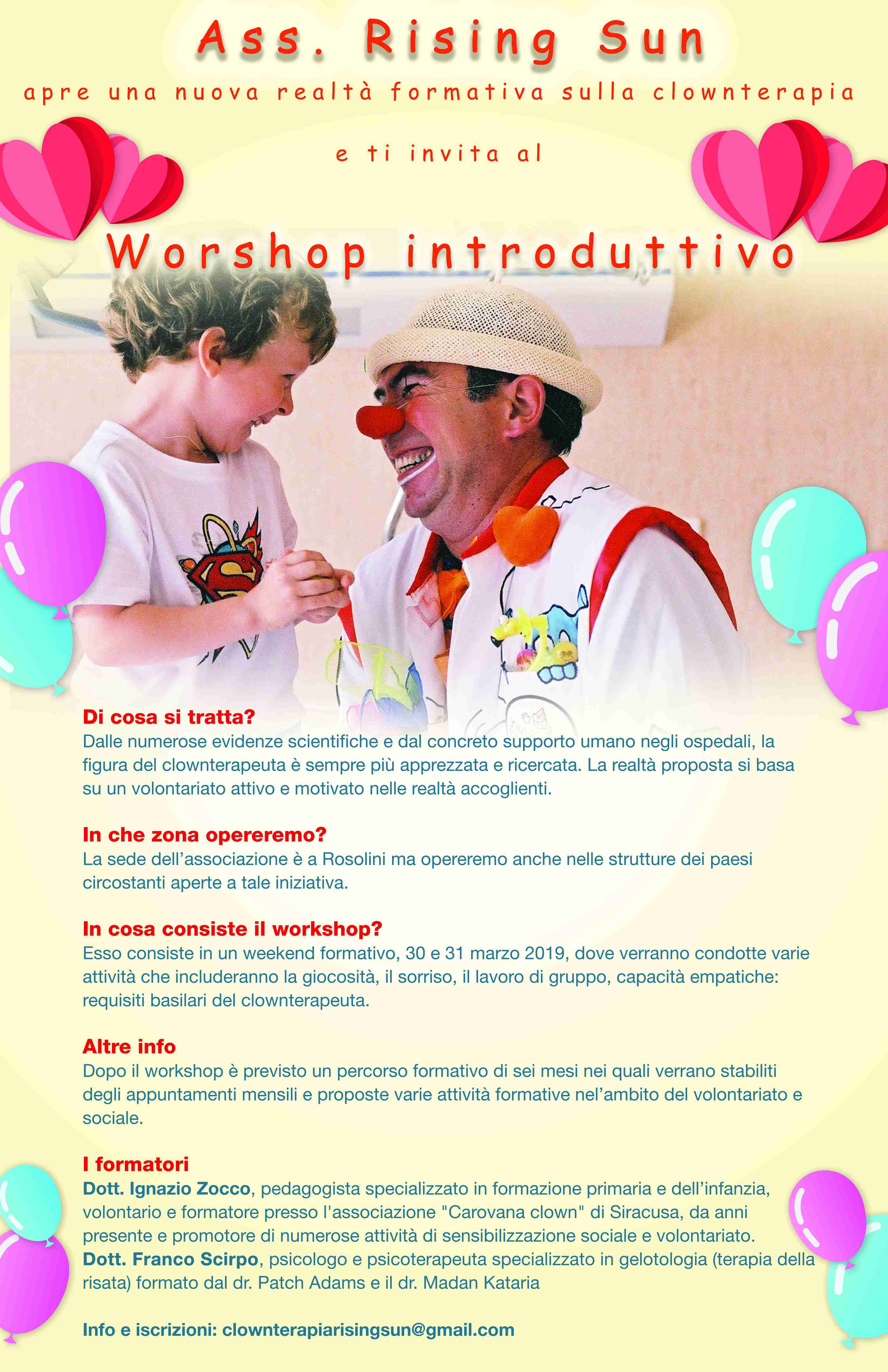 Workshop di Clownterapia promosso dall’Ass. Rising Sun: info e iscrizioni