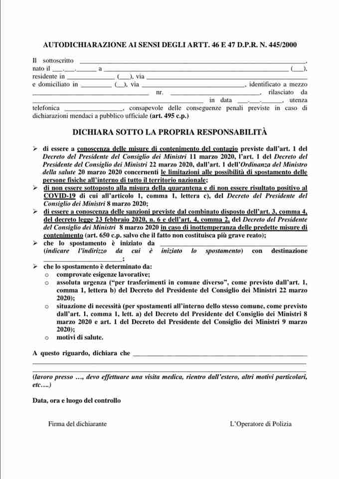 Coronavirus – Il nuovo Modulo di Autocertificazione aggiornato al 23 marzo