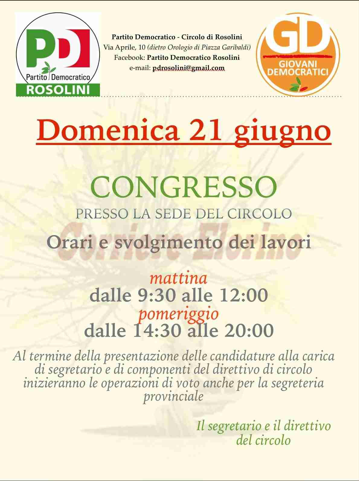 Domenica 21 giugno Congresso Cittadino del PD di Rosolini