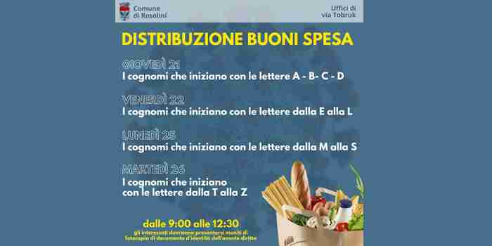 Rosolini, da giovedì 21 gennaio al via la distribuzione dei buoni spesa