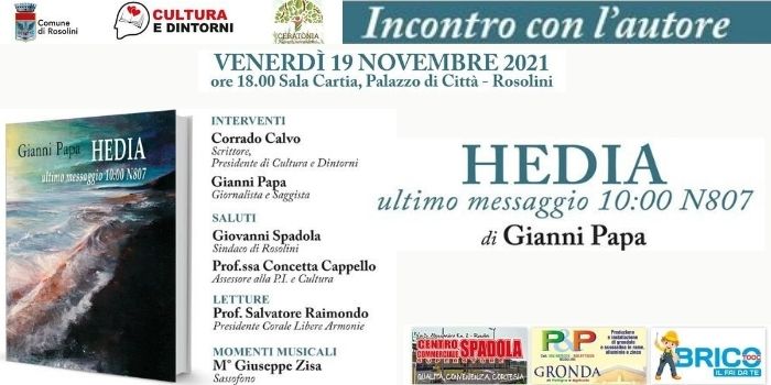 Venerdì in Sala Cartia si presenta “Hedia” il nuovo saggio del giornalista Gianni Papa