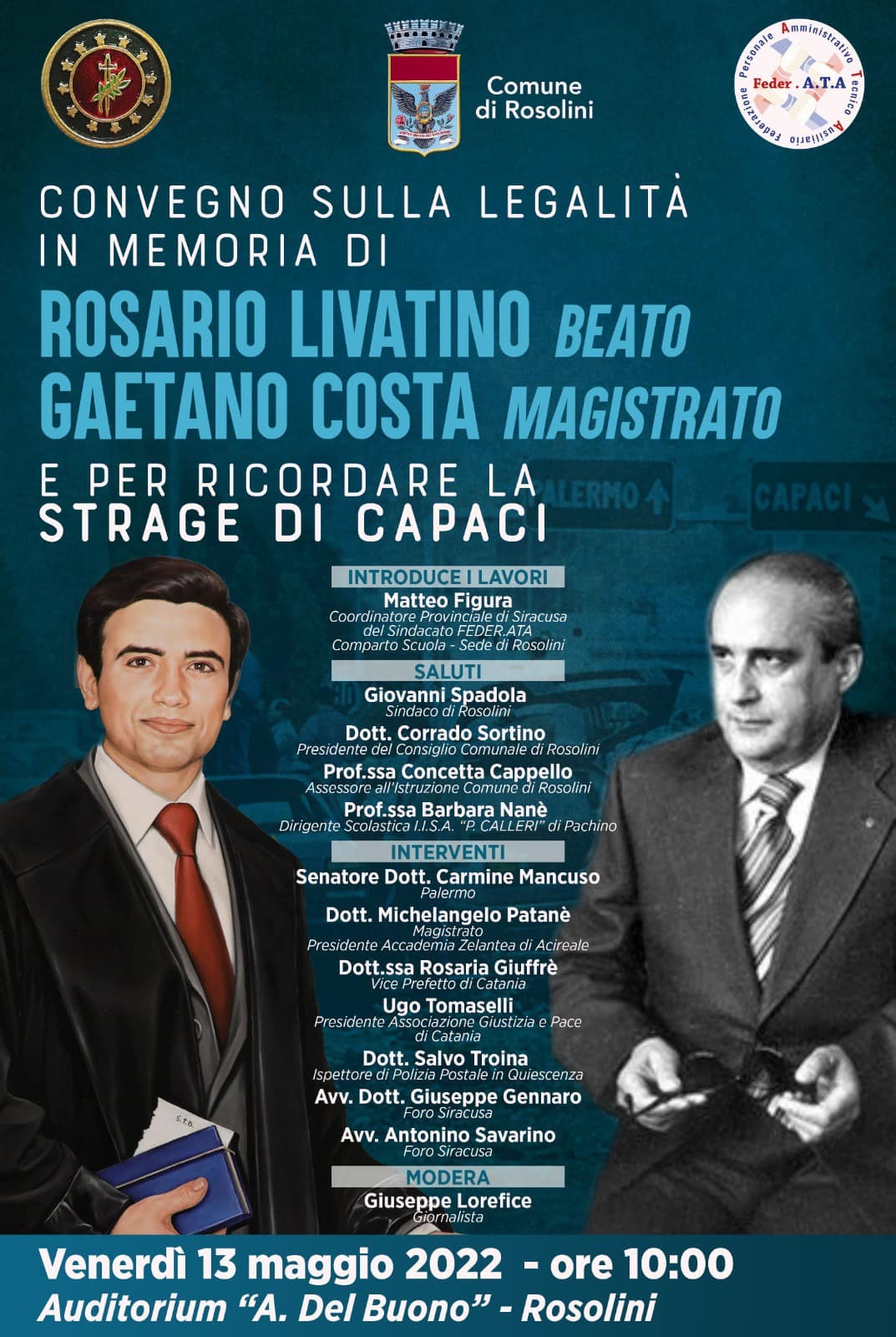 In ricordo dei giudici Costa e Livatino, domani evento all’anfiteatro “Attilio Del Buono”