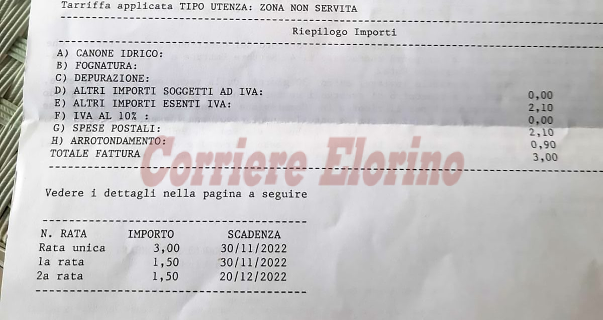 Non è allacciato alla rete idrica, gli arriva ugualmente la bolletta: “Deve pagare 3 euro”