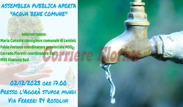 “Acqua bene comune”, domani alle 17.00 un’assemblea pubblica promossa dal M5S