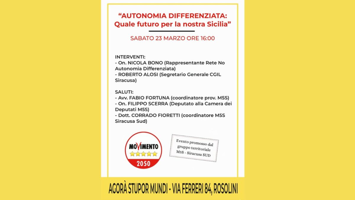 Un incontro per parlare di autonomia differenziata, domani l’evento promosso dal M5S Siracusa Sud