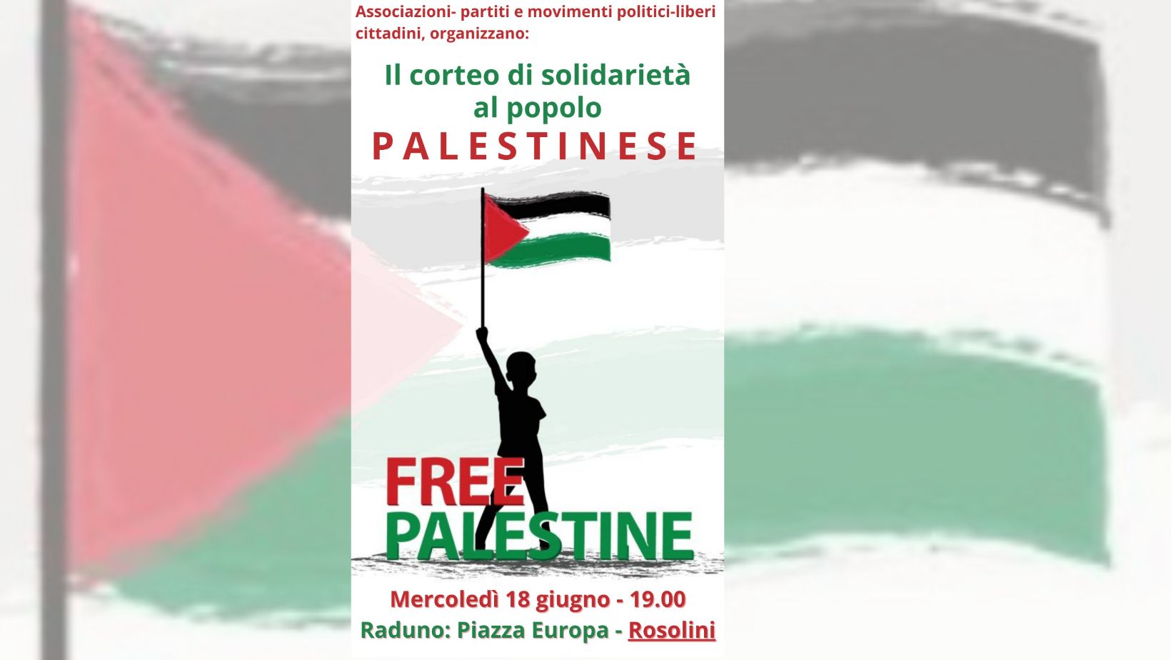 Solidarietà alla Palestina: a Rosolini, il 18 giugno, un corteo per la pace e i diritti umani Solidarietà alla Palestina: a Rosolini, il 18 giugno, un corteo per la pace e i diritti umani
