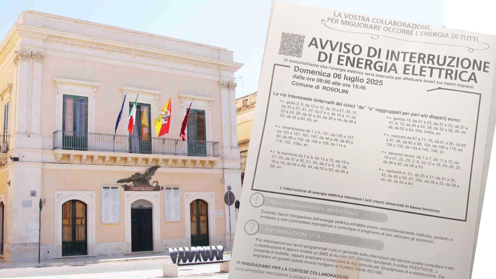 Rosolini, domenica 6 luglio interruzione di energia elettrica in alcune vie della città Rosolini, domenica 6 luglio interruzione di energia elettrica in alcune vie della città