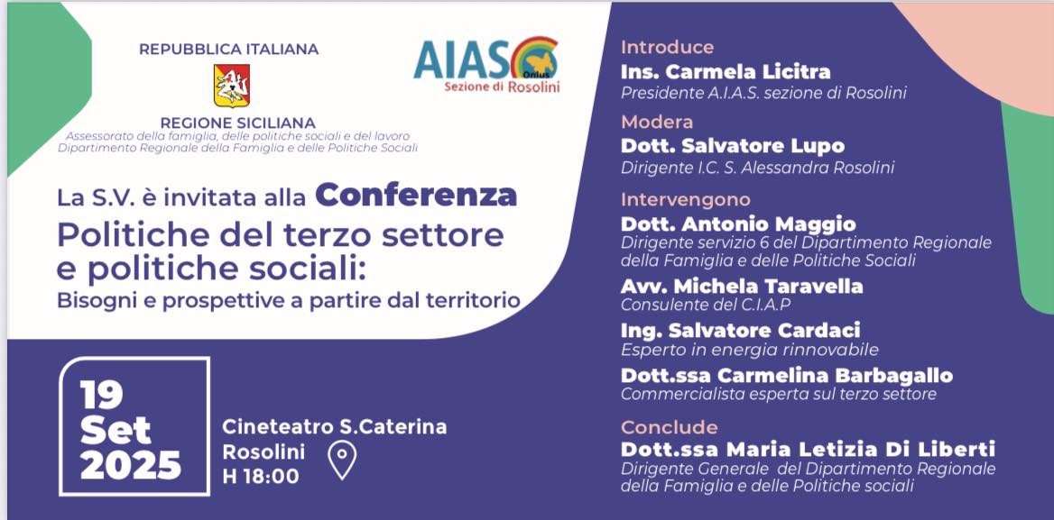 Strategie e prospettive del Terzo Settore: l’Aias promuove una conferenza pubblica al cineteatro di Santa Caterina Strategie e prospettive del Terzo Settore: l’Aias promuove una conferenza pubblica al cineteatro di Santa Caterina
