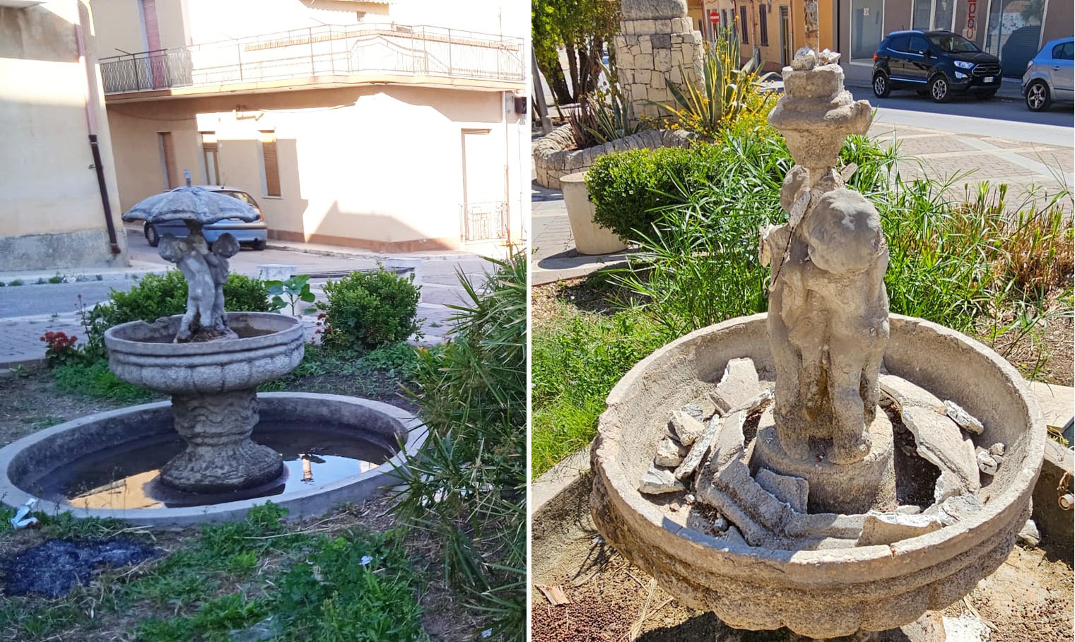 Danneggiata storica fontana degli angioletti in piazza Nicolas Green in via Santa Alessandra Danneggiata storica fontana degli angioletti in piazza Nicolas Green in via Santa Alessandra