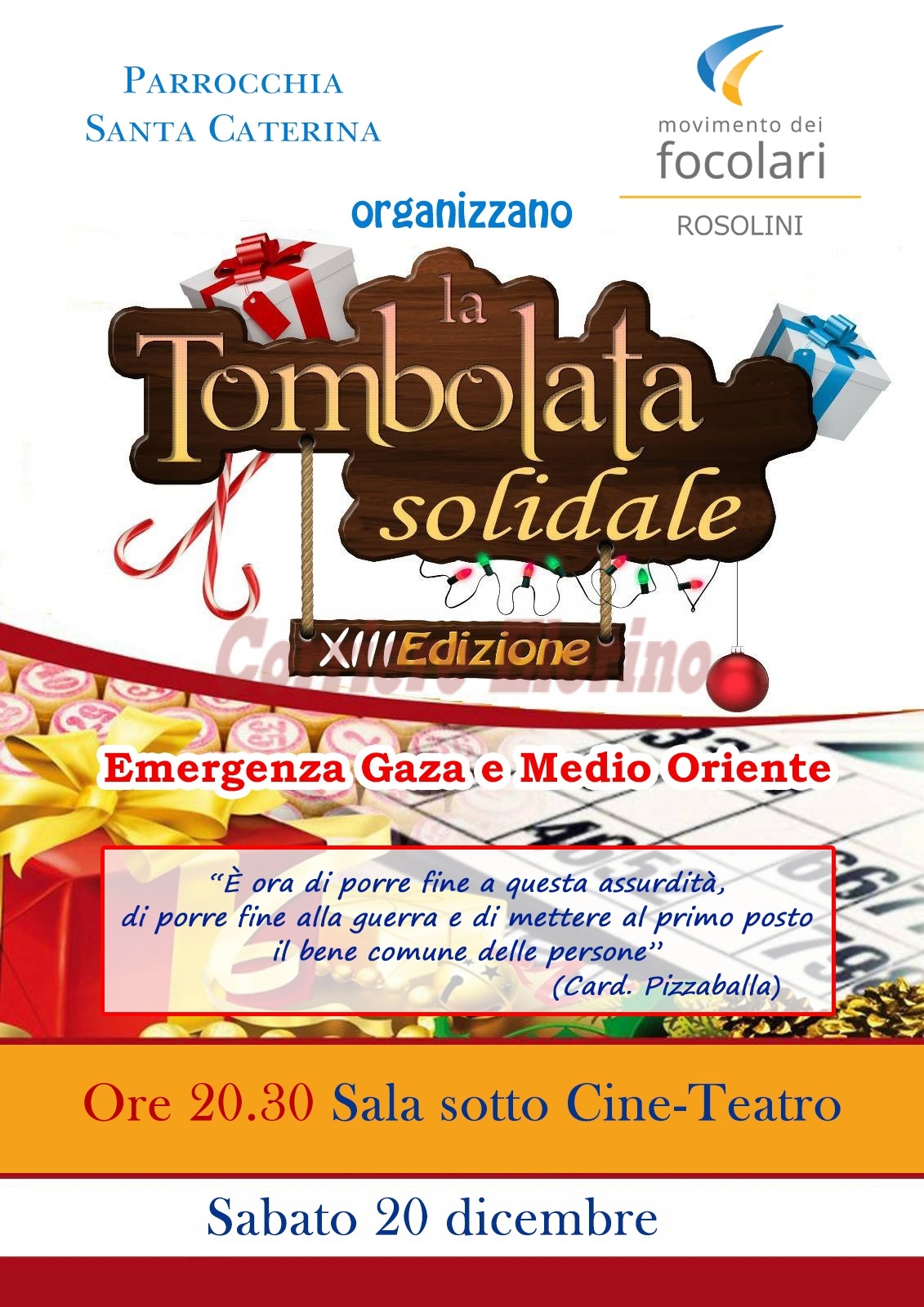 13ª Tombolata solidale al Santa Caterina, i Focolarini raccolgono i fondi per inviare aiuti in Palestina