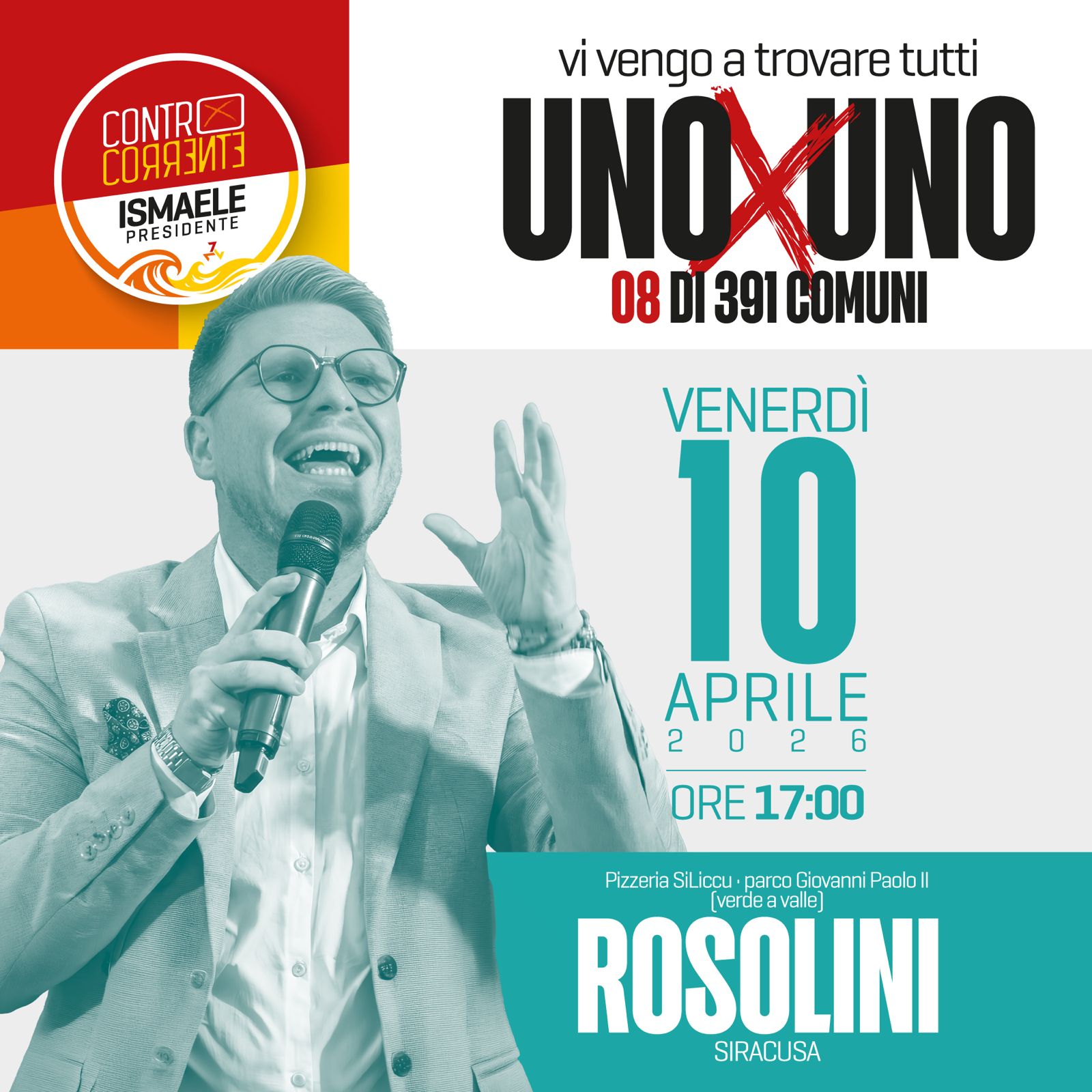Il candidato alla Regione Sicilia Ismaele La Vardera fa tappa a Rosolini con il tour “UnoXuno”